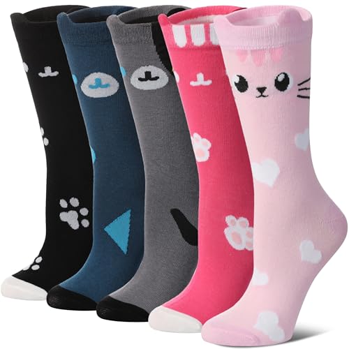 Image of SDBING Womens Cat Socks Cute Gifts Animal Soft Breathable Thin Cotton Casual Crew Socks 5 Pairs