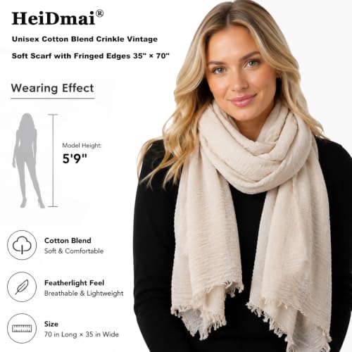Image of Lightweight Cotton Blend Scarf for Women Men | Large,Breathable,Thin,Soft,Crinkle Scarf,Hijab Head Wrap,NeckScarf,Everyday,Travel Scarf,Summer Dress Scarves Holiday Gift
