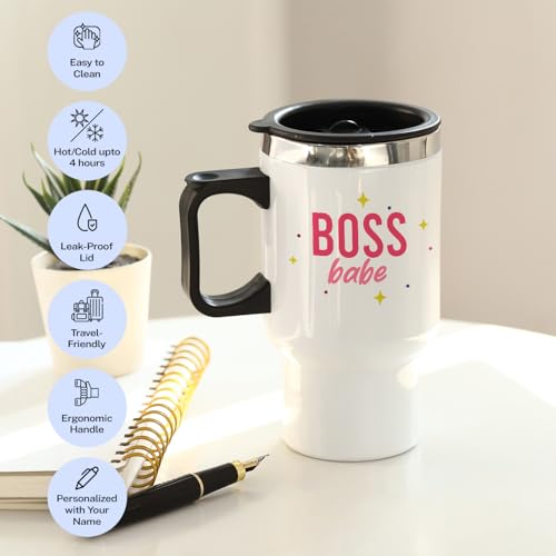 Image of IGP Personalized ‚Boss Babe‚ Travel Mug | Same Day Delivery | 400ml Stainless Steel Insulated Coffee Tumbler with Handle & Tight Lid | Custom Name Empowerment Gift for Her, Office & Commuting | White