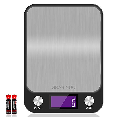 GRASINUO Upgrade Digital Kitchen Scale Waterproof Surface Multifunction Food Scale, Touch Button, Ultra Slim with Large LCD Display, 11 lb 5 kg, Black, Stainless Steel (Batteries Included)