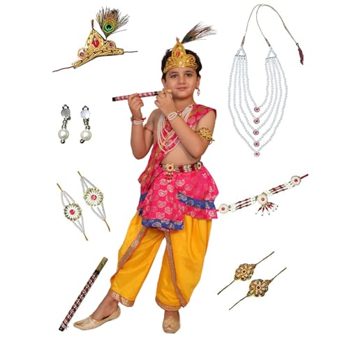 Image of Kaku Fancy Dresses Krishna Costume With Dhoti For Boy /Janmashtami /Bal Gopal Dress /Kanha Costume /Bal Krishna /Mythological Costume For Boy - Yellow-Red, 1-2 Years