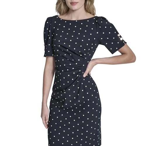Image of DKNY Women's Short Sleeve Ruched Knee Length Sheath Dress with Button Detail