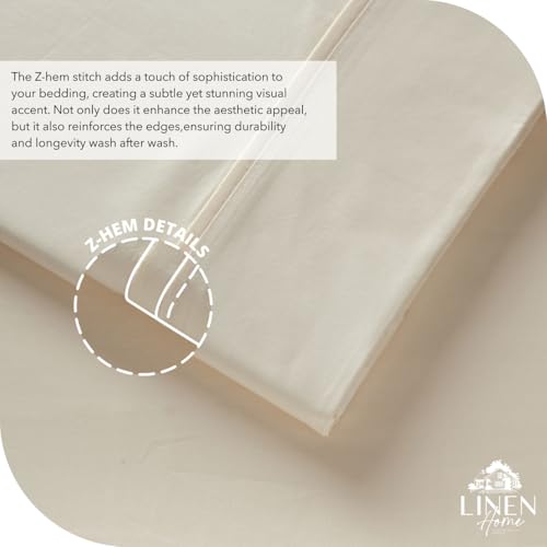 Image of Linen Home 6 Piece California King Sheet Set, 100% Cotton Percale, 4 Pillowcases, Deep Pocket with All Around Elastic Sheet, Crisp Breathable Bedding, Hotel Luxury, Long-Staple Combed Cotton, Ivory