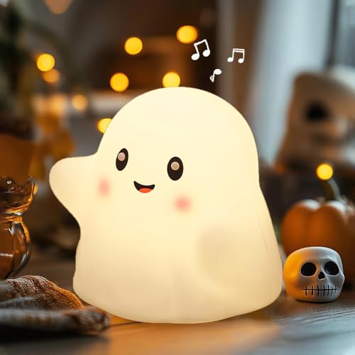 Ghost Night Light for Kids, Silicone Nursery Nightlight with 13 Interactive Sound Effects ,Halloween Decor Lamp Adjustable Dimmable Lamp with Touch Sensor Children’s Christmas Gifts (white ghost)