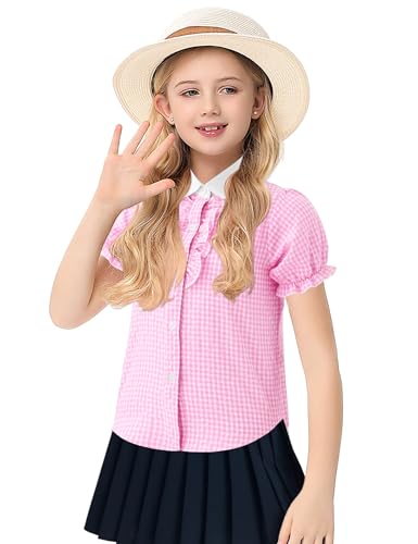 Image of Girls Short Sleeve Button Down Shirts Ruffle School Uniform Crop Tops Peter Pan Collar Plaid Blouse 4-13Y