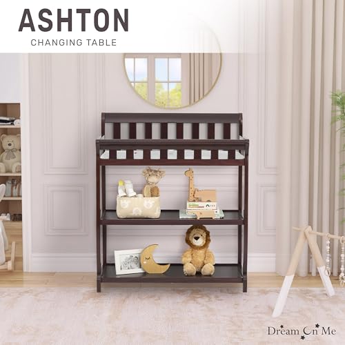 Image of Dream On Me Ashton 2-in-1 Changing Table & Nightstand in Espresso - Solid New Zealand Pinewood, Safety Rails, Spacious Storage Shelves & Water-Resistant Changing Pad, Converts to Nightstand