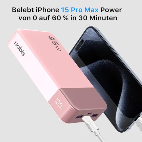 NOBIS Power Bank, Powerbank 20000mAh, 45W Externe Handyakkus Schnellladen, Externer Akku mit C zu C Kabel, Tragbares Ladegerät mit Digitalanzeige für Phone Android Laptop etc (Rosa) 2