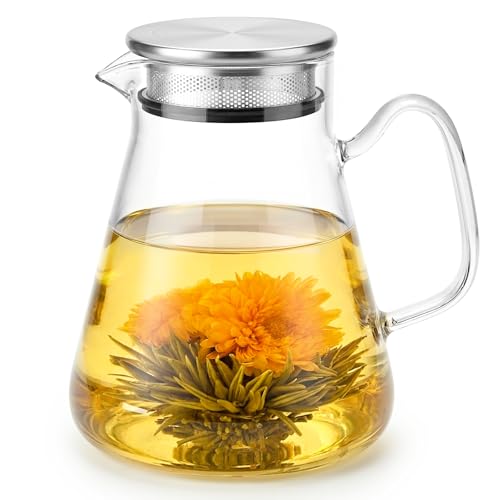 Image of Baalaka 33oz/1000ml One-Touch Glass Teapot Stovetop, 2-in-1 Tea Maker & Kettle with Stainless Steel Filter Lid, Stovetop & Microwave Safe Borosilicate Glass, Loose Leaf & Blooming Tea, Dishwasher Safe