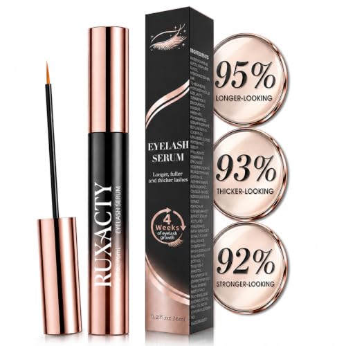 Ruxacty rose gold lash and brow serum with precision brush — shows the single-product routine covering both lash and brow areas