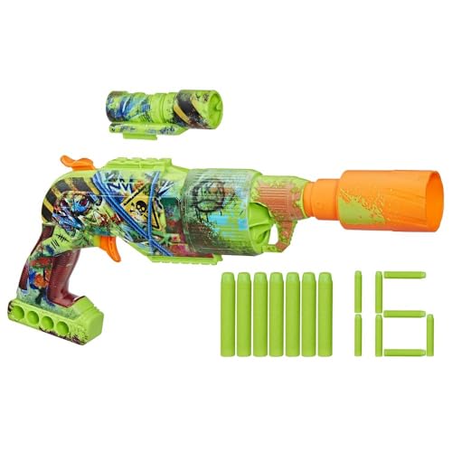 Nerf Zombie Driller Dart Blaster, 16 Nerf Elite-Dartpfeile, drehbarer 5-Dart-Zylinder, abnehmbares Zielfernrohr, Outdoor-Spiele, ab 8 Jahren