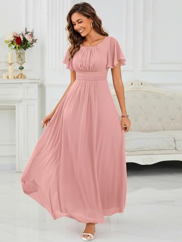 Image of Ever-Pretty Women's Spring Elegant Round Neck Short Sleeve Chiffon Empire Waist Floor Length Formal Dresses Bridesmaid Dress