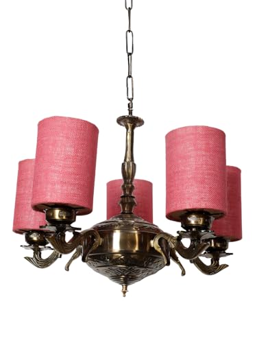 Image of Devansh 05 Lights Pink Jute Round Shade with Antique Golden Chandelier