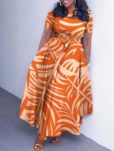 Image of Hostoyo Women Plus Size Formal A Line Maxi Dress Self Tie Waist with Pockets Elegant Round Neck Swing Long Dresses