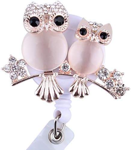 Retractable Badge Holder Reel with Swivel Alligator Clip and Bling Cute Owl (Rose Gold)
