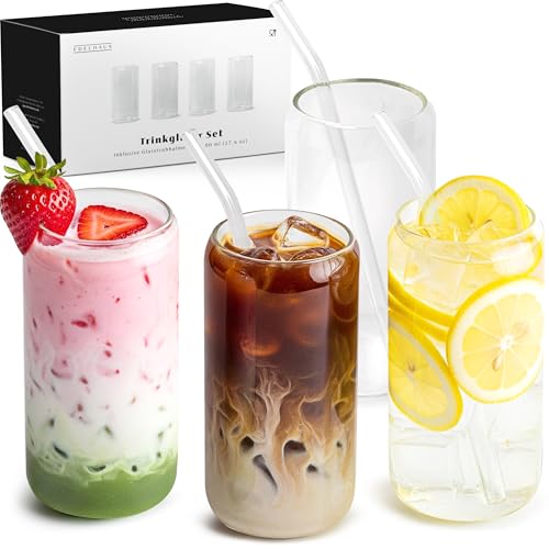 EDELHAUS Gläser Set mit Glas Strohhalm [4x 500ml] Cocktailgläser, Trinkgläser Set - Longdrinkgläser - Eiskaffee Gläser - Kaffeegläser - Iced Coffee Glas - Matcha & Kaffee Wassergläser