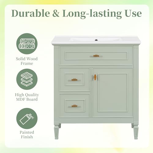 30" Bathroom Vanity with Sink, Bathroom Vanities 30 in with Sink, 30 Inch Vanity with Top, 30 Bathroom Vanity with Sink Top Combo, 1 Flip Drawer, 2 Drawers & Adjustable Shelf (Green)