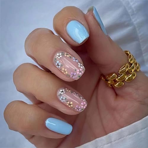 Image of Blue Press on Nails Medium Square Fake Nails with Colorful Flower Design Glossy Glue on Nails Nude Full Cover False Nails Artificial Acrylic Nails Stick on Nails for Women Girls Manicure Art 24Pcs