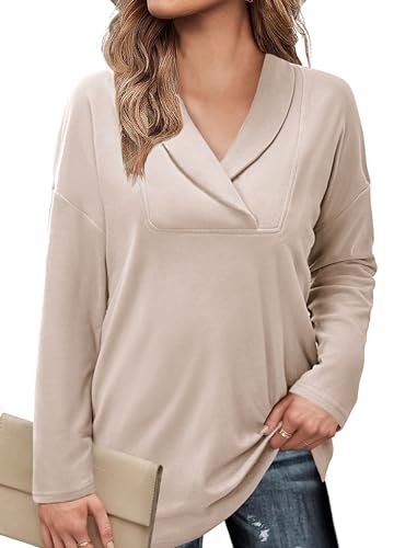 Image of Women's Long Sleeve Tops Fall Shawl Neck Tunic Tops for Leggings Casual Blouse Sweatshirt