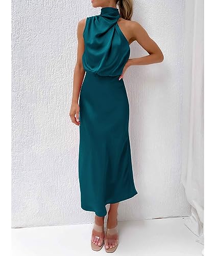 Image of Sexyshine Women's Elegant Halter Tie Neck Sleeveless Satin Long Dress Backless Split Cocktail Party Formal Wedding Maxi Dress