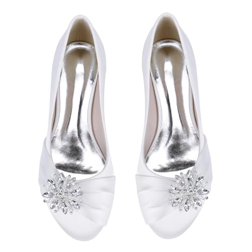 Women's Round Toe Beaded Wedding Flats for Bride Satin Bridal Shoes2