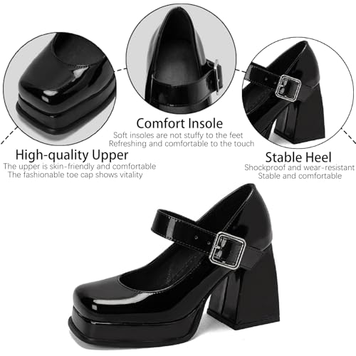 Women's Patent Leather Platform Mary Janes Pumps with Adjust Buckle Strap Fashion Comfort Square Toe Chunky High Heels Uniform Lolita Dressy Shoes for Party Date Wedding3