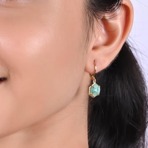 Gempires Gemstone Earrings with Hexagon Shape Gemstone Suspended with Lever Back Closure, 14k Gold Plated, Hypoallergenic and Safe Jewelry4