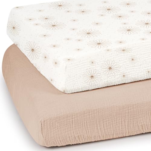 Image of lulumoon Baby Muslin Crib Sheets - Toddler Cotton Fitted Crib Sheets Neutral for Boys and Girls 2Pack (Nudepink Daisy, Crib)
