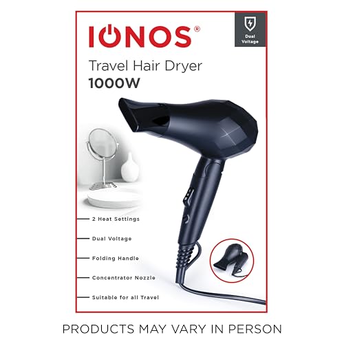 Image of IONOS Travel Hair Dryer with Status Styling Technology - 1000W, 2 Speed, Dual Tension, Foldable and Lightweight (IONTHD1PB10)