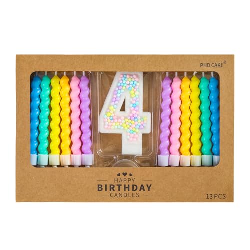 PHD CAKE Number 4 Birthday Candle Macaron Glitter Number Candle with Rainbow Spiral Candles in Holders for Cake Topper Pastel Sweet Theme Party Decoration