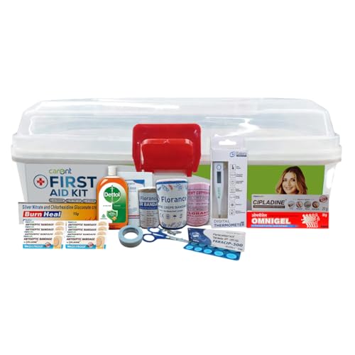 Image of Carent Small First Aid Kit for Home, Office & Travel | 13 Essential Medical Supplies | Burn Cream, Antiseptic, Bandages, Thermometer & More | Emergency Care Kit