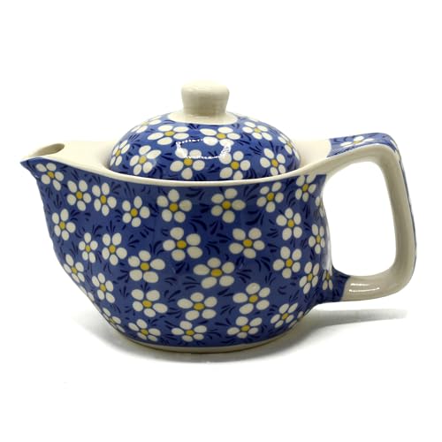 Small Herbal Teapot, Ceramic and Metal Strainer, Blue Daisy Pattern, 17x11x11 cm
