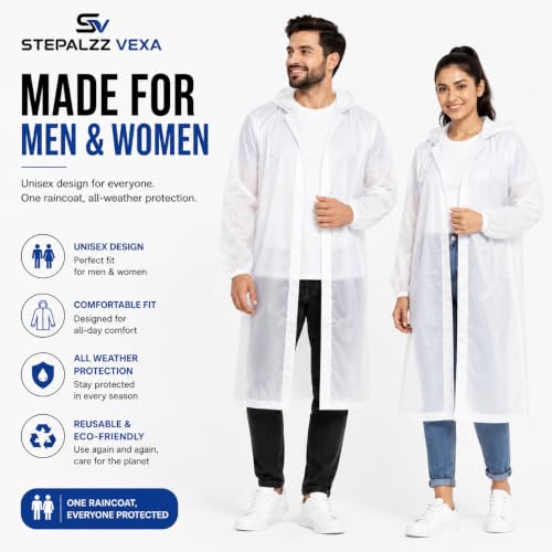 Image of Full Length Waterproof Raincoat for Men & Women | Hooded Transparent Rain Wear with Sleeves | Reusable Long Rain Jacket for Bike Riding, Travel, Camping & Monsoon Protection