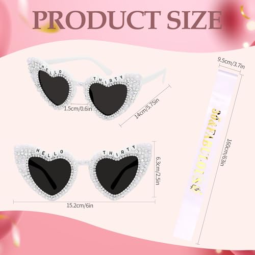 30th Birthday Decorations for Women，Hello Thirty Birthday Sunglasses and Sash Set for Bday Dress Outfit Deocr Accessories Gifts3