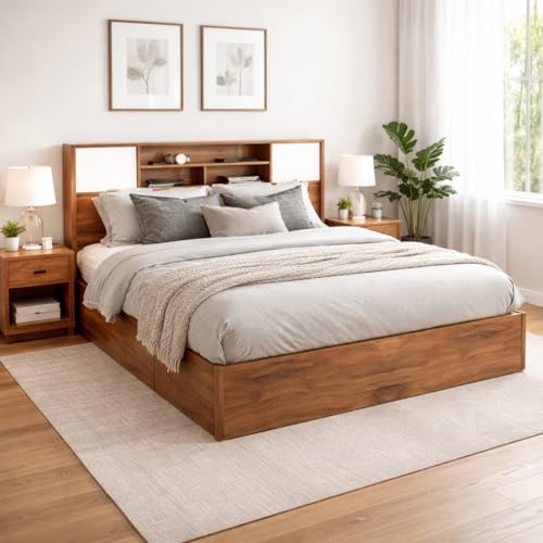 Image of Callas Estoria Engineered Wood Queen Size Bed with Storage | Free Installation with 1 Year Warranty (Walnut, Queen with Storage)