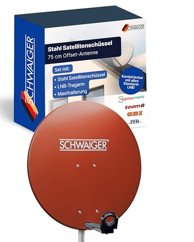 SCHWAIGER 173 Satellitenschüssel SAT-Antenne Satelliten-Anlage Offset-Antenne LNB-Tragarm Masthalterung Sat-Schüssel SAT-Anlage Stahl 75 x 85 cm rot