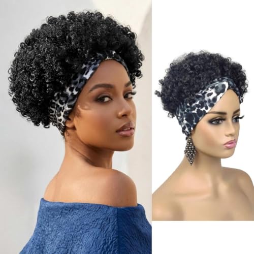 Allyreetress Short Afro Wigs for Black Women Afro Kinky Curly Wigs with Headbands Attached No Drawstring Leopard Short Headband Afro Puff Wigs for Black Women