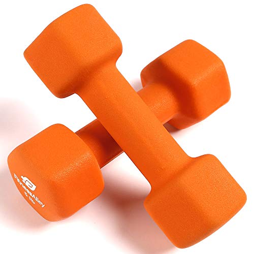 Fitness Alley 5lb Neoprene Dumbbell Set Coated for Non Slip Grip - Hex Dumbbells Weight Set - Hand weights set - Neoprene weight pairs - Hex Hand Weights - Set of two Neoprene Dumbbells, 5 lb -Orange