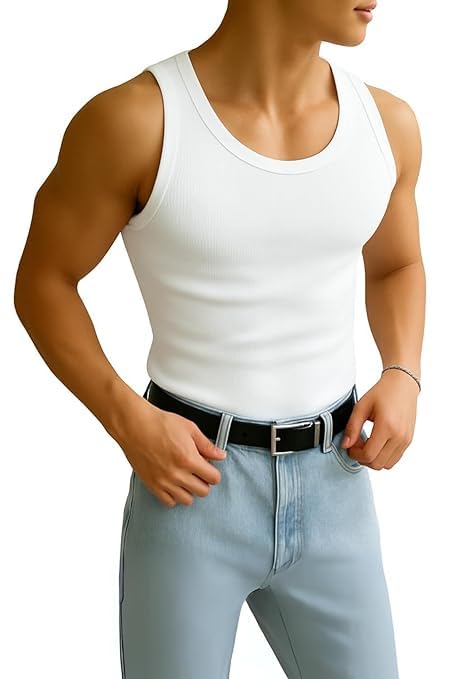 Image of Men's Cotton Ribbed Regular Fit Solid Round Neck Vest | Anti Bacterial Finish, Racer Back Baniyan for Man, Comfort Man's Inner,Sando