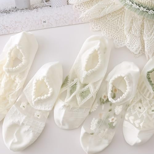 8 Pairs Women's White Hollowed-out Crystal Breathable Boat Socks, Summer Floral Mesh See Through Ankle Socks3