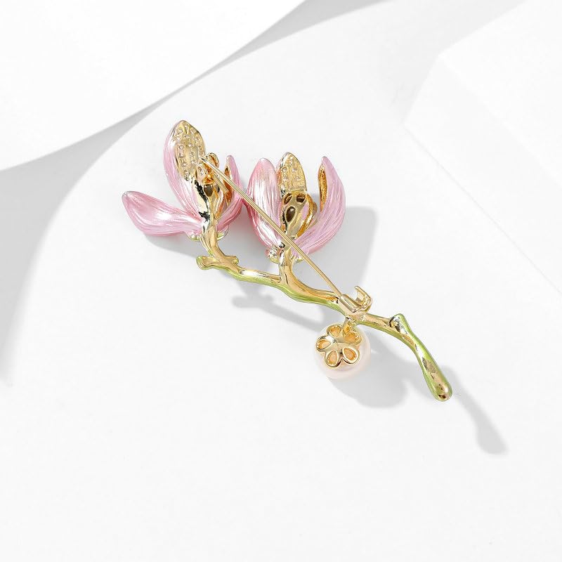 Image of 14K Gold Graceful Vintage Chinese Style Brooch Pin for Women, Freshwater Pearl Magnolia Flower Pink /White Pin, Ideal for Traditional Events, Women's Brooches & Pins