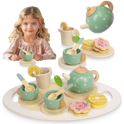 Wooden Tea Set for Little Girls, Play Food Pretend Play Kitchen Accessories for 3 4 5 Years Old Girls Boys, Toddler Princess Tea Time Party Food Toys (Afternoon Tea)