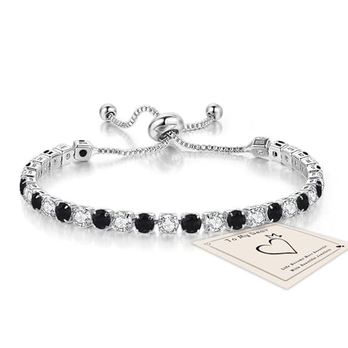 Image of HEEYA Black Tennis Bracelets for Women, Sterling Silver Bracelet Silver Crystal Friendship Bracelets, Black Adjustable Diamond Cubic Zircona Lady Bracelet Birthday Presents for Mum