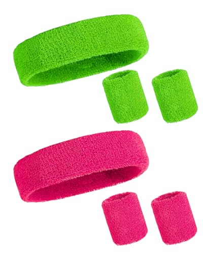YIPFEN Party Fashion 6 pezzi accessori anni '80 fluo fascia e polsini fluorescenti verde e rosa fucsia per look dinamico e colorato
