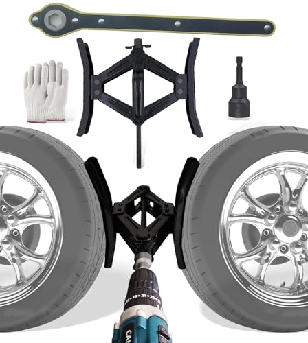 RV Rotatable Wheel Chock Stabilizers (Drill Adjusted), Camper Heavy Duty Tire Chock Stabilizers, Travel Trailers Wheel Chock Scissor 2 Sets with Ratchet,hex Socket,Gloves (Black-Turn)