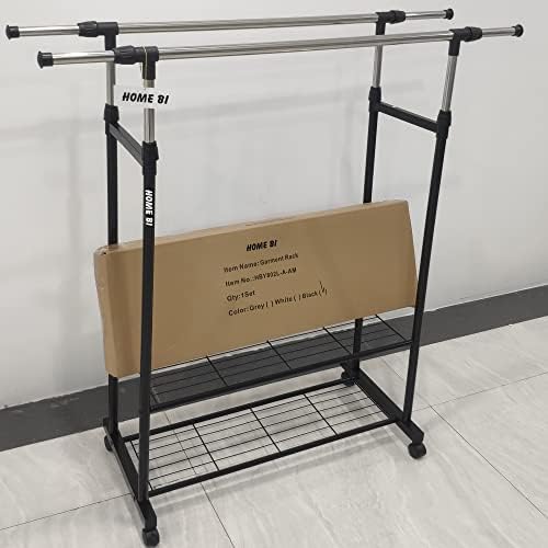 HOME BI Adjustable Heavy Duty Clothes Rail, Clothes Stand Rack with 2 Tier Metal Shelf, Garment Rack Rolling Clothes Organizer, Metal Storage Hanging Rack, Black Clothes Rails for Bedroom, Entryway