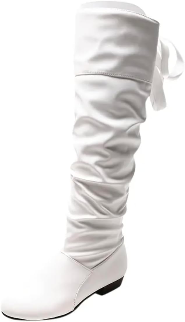 Knee High Boots Women with Bow Over the Knee FlatS Boots with Bow Tie, Fashion PU Leather Square Toe, Lace Up Chunky Low Heels for Winter Fall