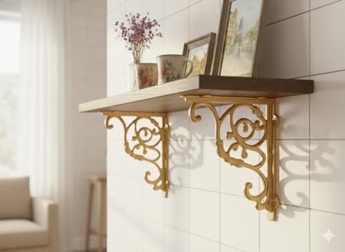 Image of Metal Handcrafted Shelf Bracket for Floating Shelves Decorative L Angle Shaped Corner Brace Joint Heavy Duty Wall Mounted Supporter Corner Brace Holder (Gold, 8.5 inch (21.5 cm))