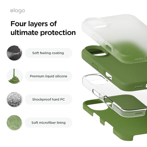 Image of elago Compatible with iPhone 16 Case, Premium Liquid Silicone Case, Full Body Protective Cover, Shockproof, Slim Phone Case, Anti-Scratch Soft Microfiber Lining, 6.1 inch (Cedar Green)