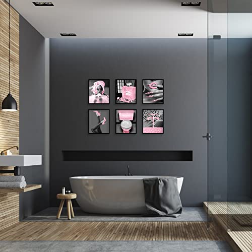 Fashion Wall Art Bathroom Wall Decor Prints Set Of 6 Black And White Glam Glitter Canvas Posters Photos Toilet Bathroom Pictures Artwork Wall Modern Women Funny Bathroom Decoration (B&W Pink, 8"X10" Unframed) #TOP4