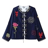 ChenKongHai European and American Womens Clothing Ethnic Style Retro Laceup Embroidered Shirt Jacket Loose Casual S2 Blue S